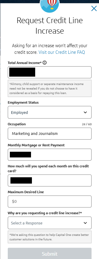 Fill out the information to request a credit line increase.