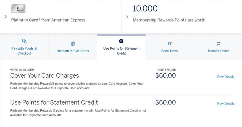 Chart showing value of Membership Rewards points when redeemed for statement credit