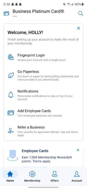 A screenshot from the American Express mobile app showing how to set up account alerts