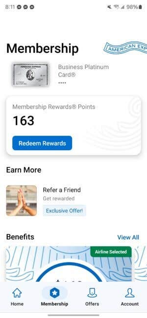 A screenshot of the home screen of the American Express mobile app