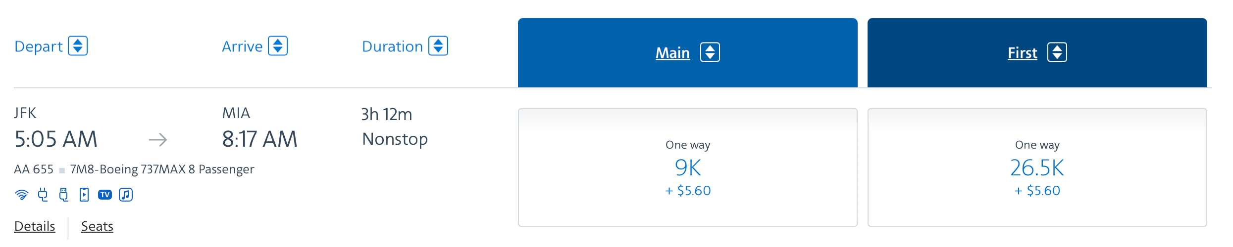 Example of award flight with American Airlines