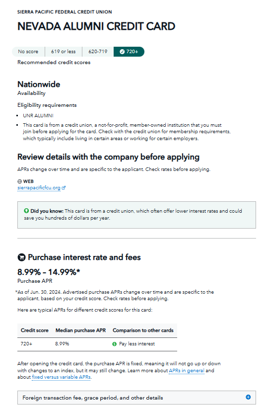 A screenshot from the CFPB website showing a detailed credit card recommendation