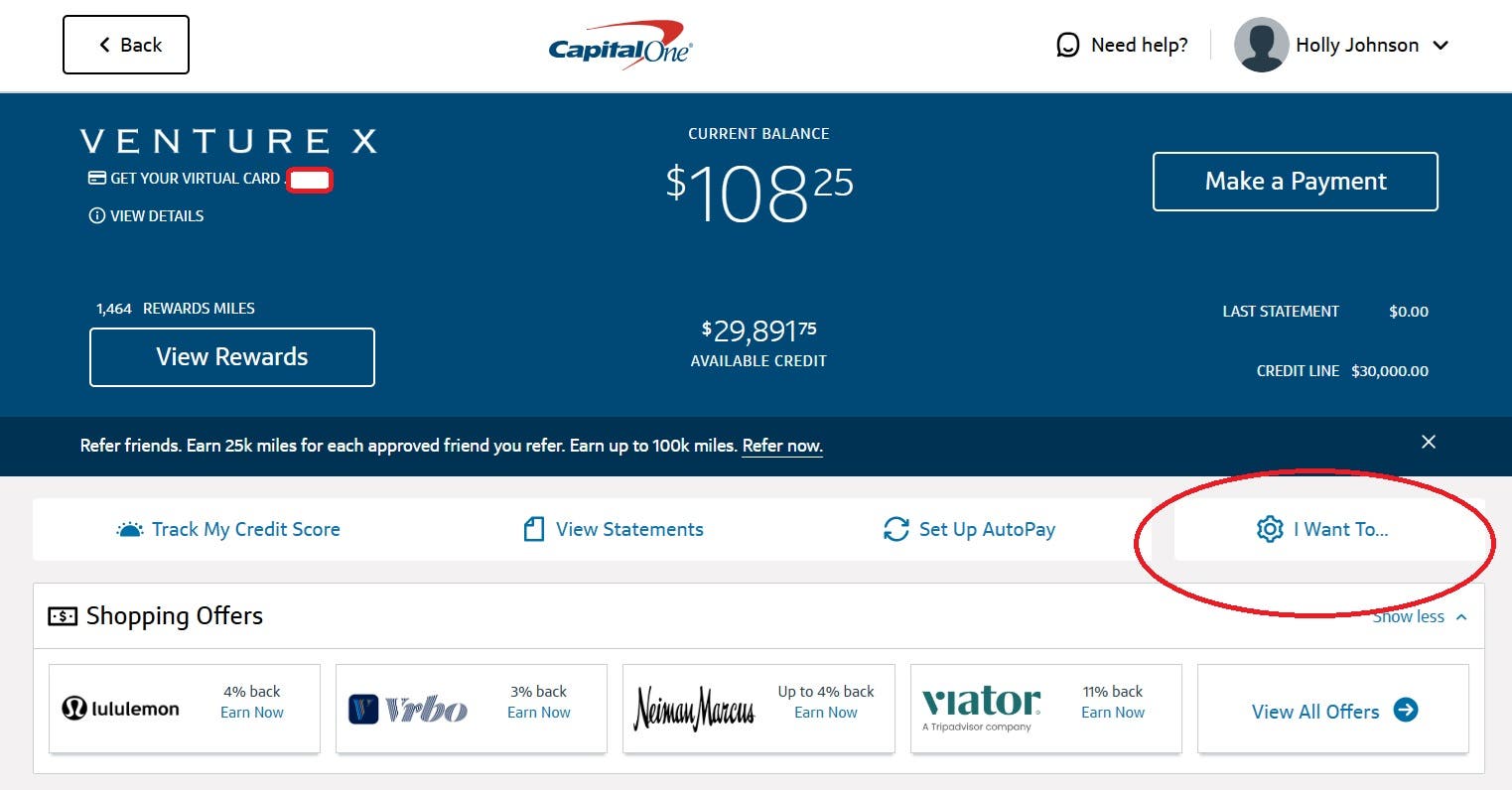 A screenshot of the first step in the Capital One referral process, highlighting where to click on the "I Want To" link