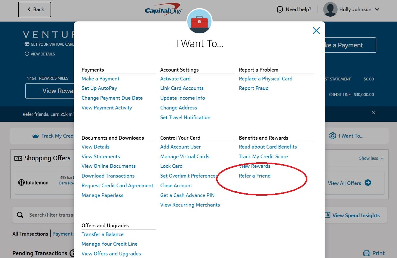 A screenshot of the second step in the Capital One referral program, showing where to find the referral link