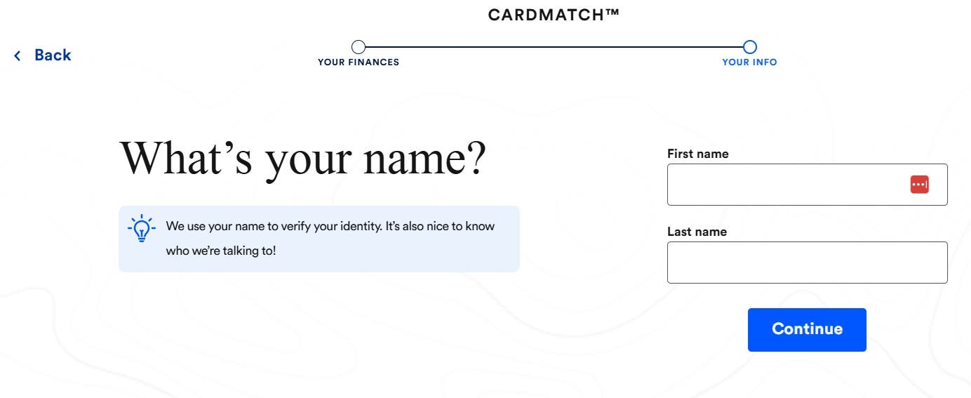 Screenshot showing the next step in CardMatch -- Enter some personal info